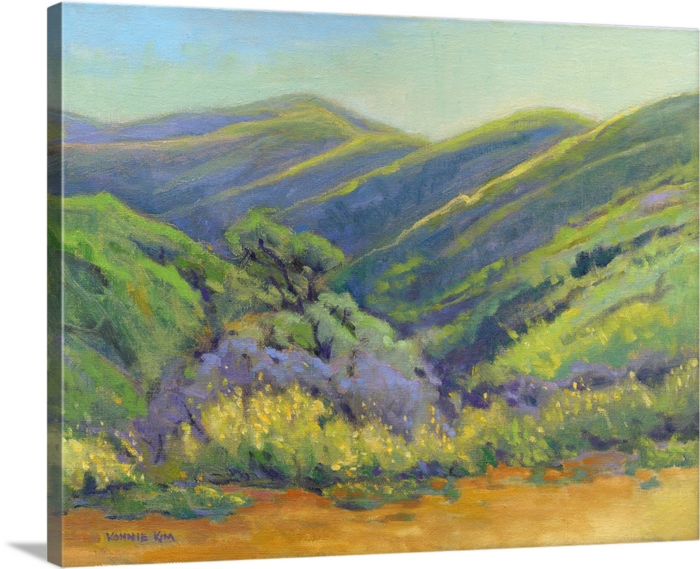 A contemporary painting of a row of trees and rolling hills in vibrant colors.