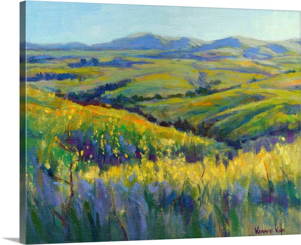 A contemporary painting of a row of wild flowers and rolling hills in vibrant colors.