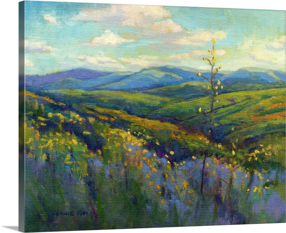 A contemporary painting of a row of wild flowers and rolling hills in vibrant colors.