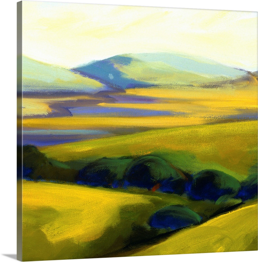 A contemporary painting of a row of trees and rolling hills.