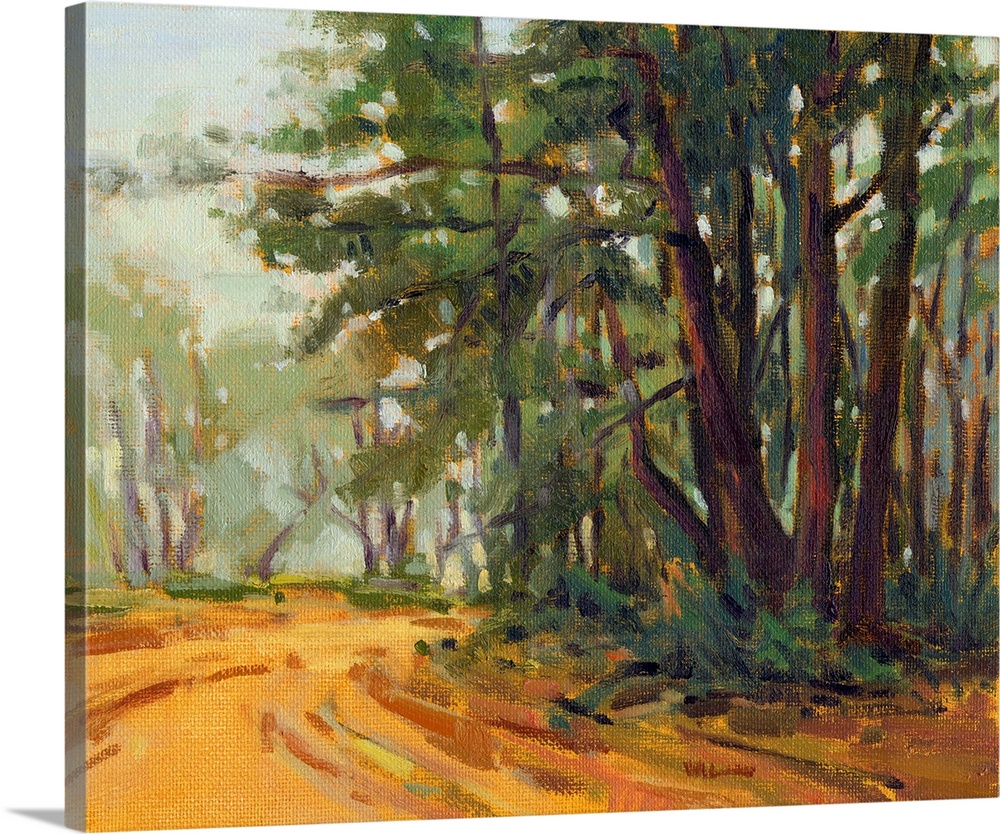 A contemporary painting of a small country road framed by a forest.