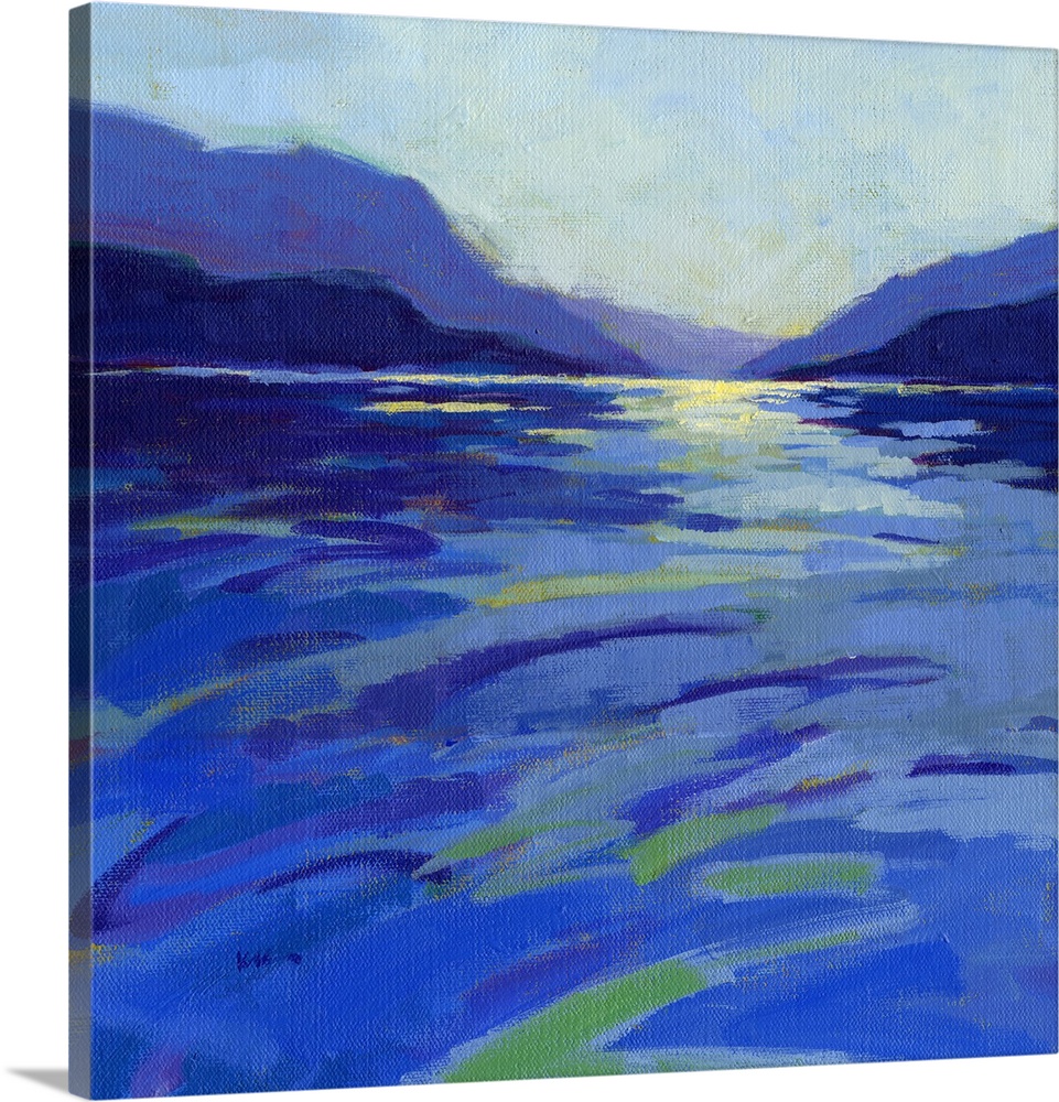 A square contemporary painting in colorful brush strokes of waves in the water.