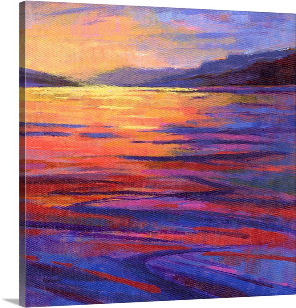 A square contemporary painting of waves in the water at sunset.