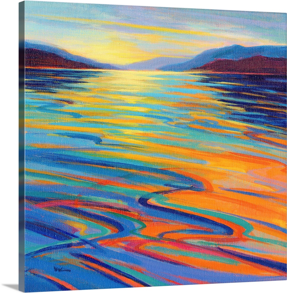 A square contemporary painting in colorful brush strokes of waves in the water by sunset.