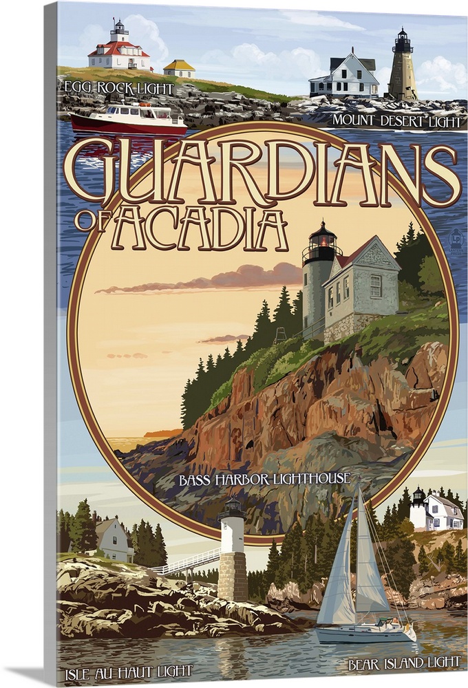 Acadia National Park, Maine - Guardians of Acadia Lighthouses: Retro Travel Poster