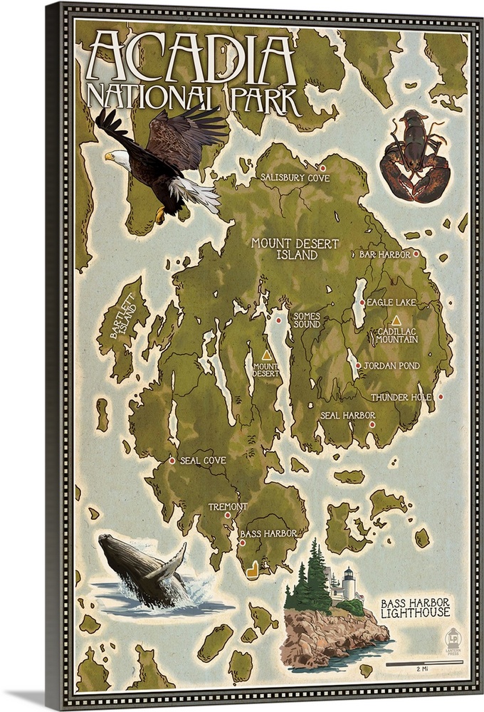 Acadia National Park, Maine - Map: Retro Travel Poster