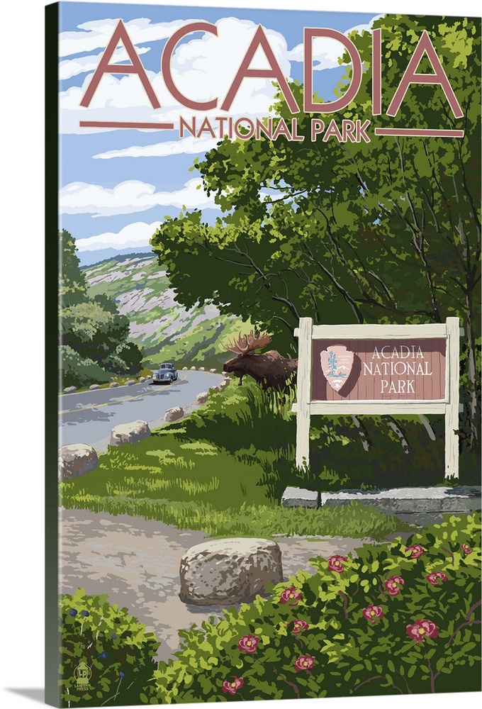 Acadia National Park, Maine - Park Entrance Sign and Moose: Retro Travel Poster
