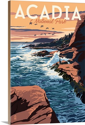 Acadia National Park, Rocky Beach: Retro Travel Poster