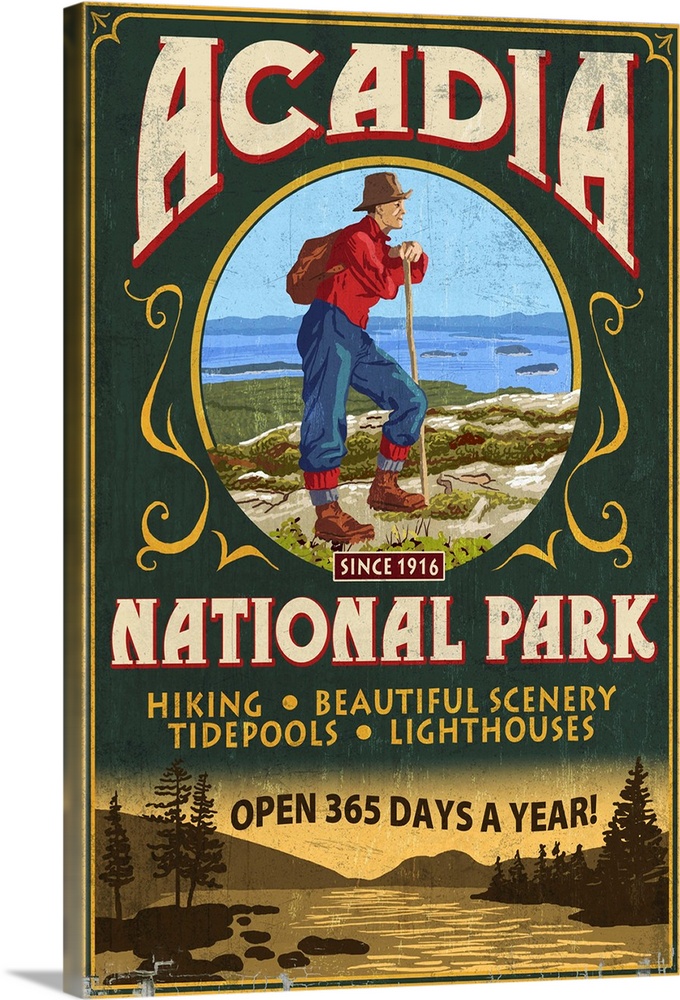 Retro stylized art poster of a profile of a hiker taking a rest.