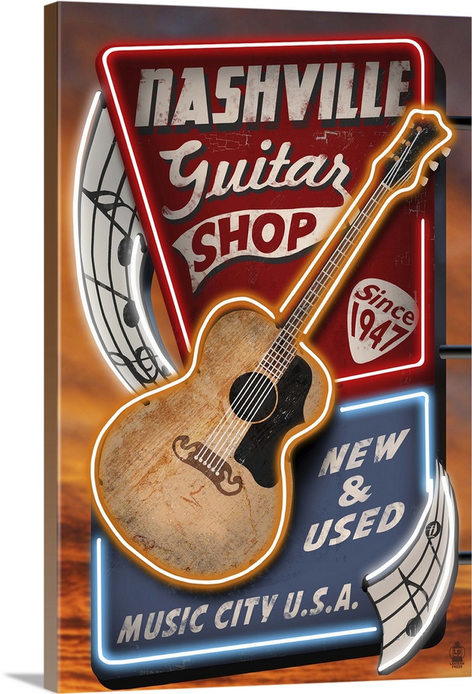 Acoustic Guitar Music Shop - Nashville, Tennessee: Retro Travel Poster