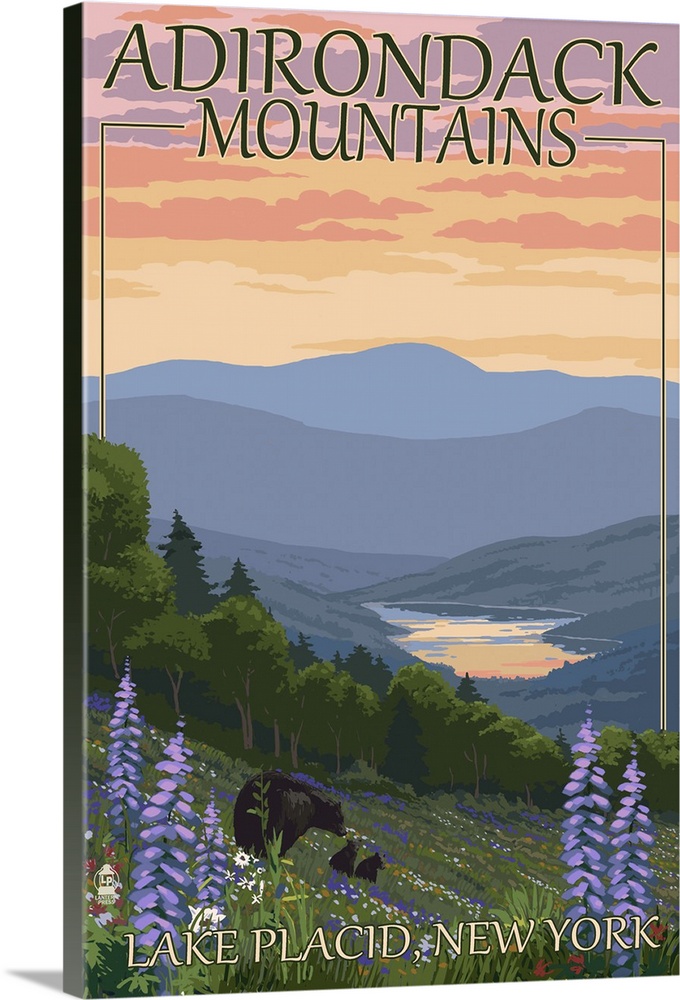 Adirondacks Mountains - Lake Placid, New York - Bears and Flowers: Retro Travel Poster