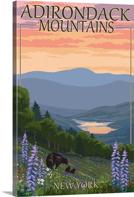 Adirondacks Mountains, New York State - Bears and Spring Flowers: Retro Travel Poster