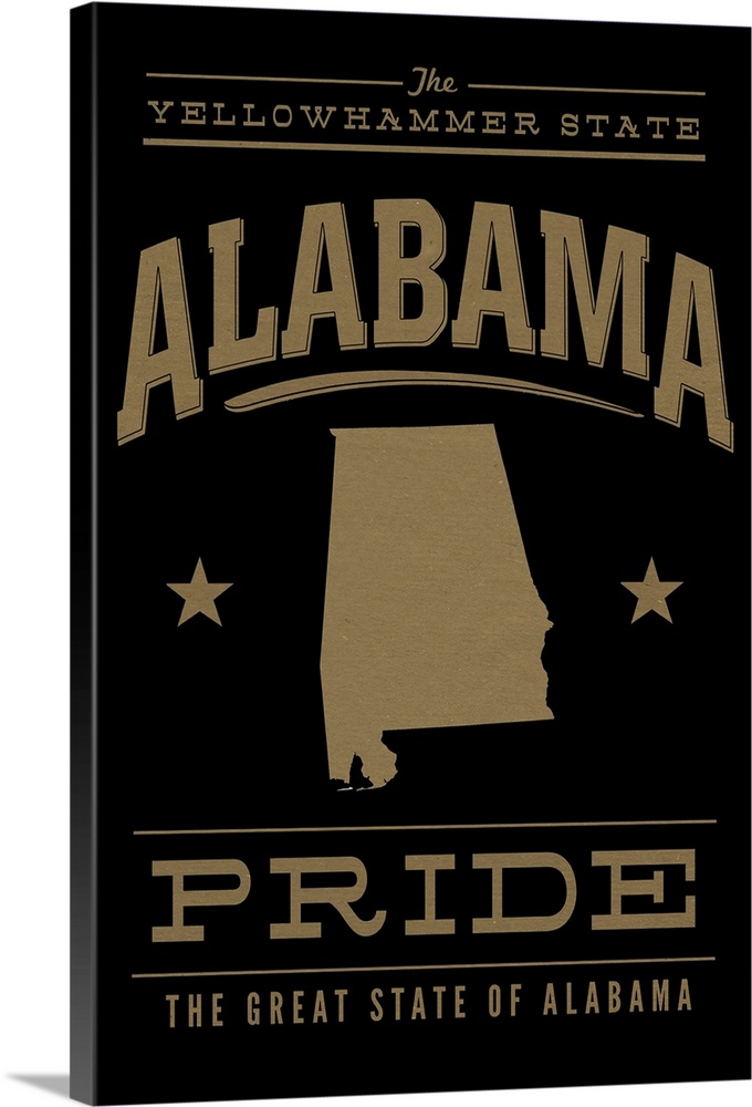The Alabama state outline on black with gold text.