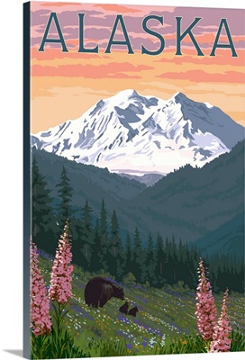 Alaska, Bear and Spring Flowers