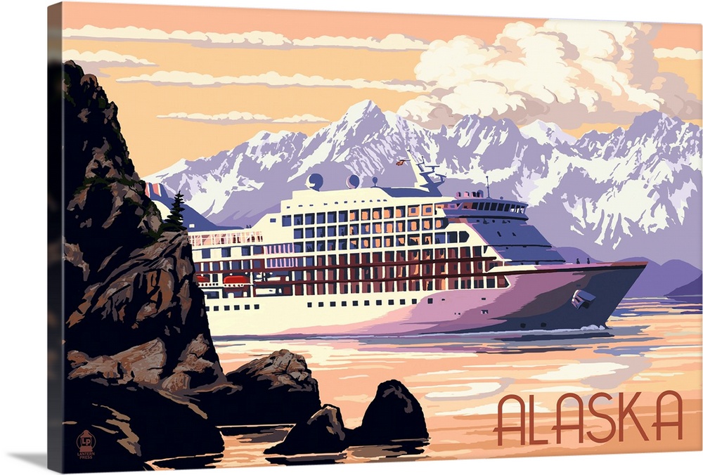 Alaska - Cruise Ship and Sunset: Retro Travel Poster