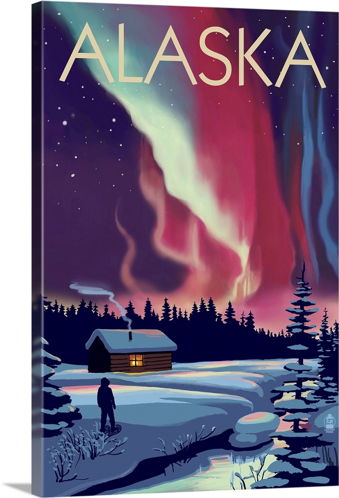 Alaska - Northern Lights and Cabin: Retro Travel Poster