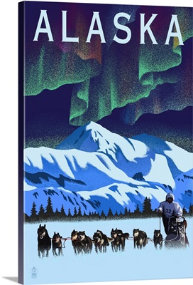 Alaska - Northern Lights & Dog Sled - Lithograph