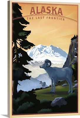 Alaska - The Last Frontier - Dall Sheep & Mountain - Lithograph