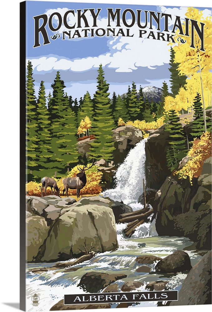 Retro stylized art poster of a wilderness scene with with a rocky waterfall, and surrounding trees.