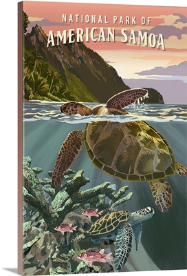 American Samoa National Park, Sea Turtle Swimming: Retro Travel Poster