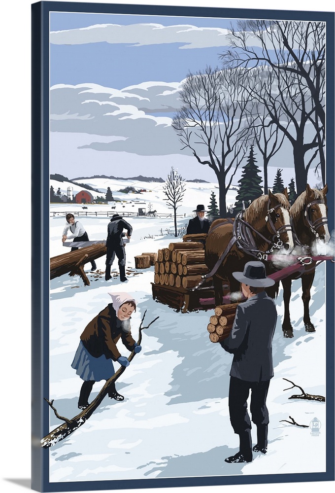 Amish Gathering Firewood Winter Scene