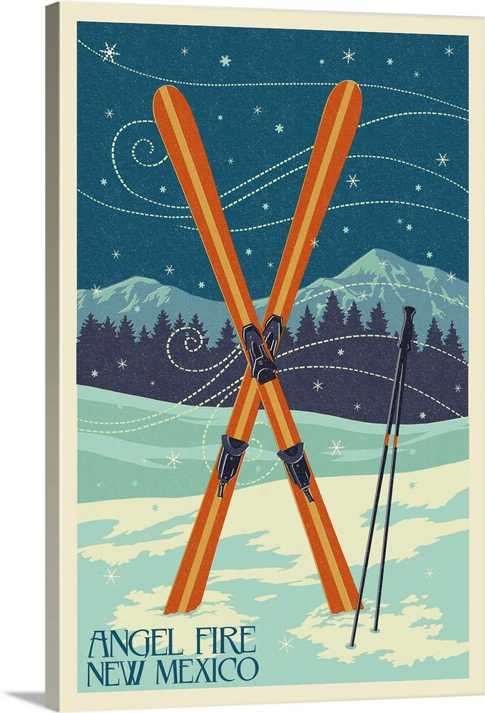 Angel Fire, New Mexico - Crossed Skis - Letterpress: Retro Travel Poster