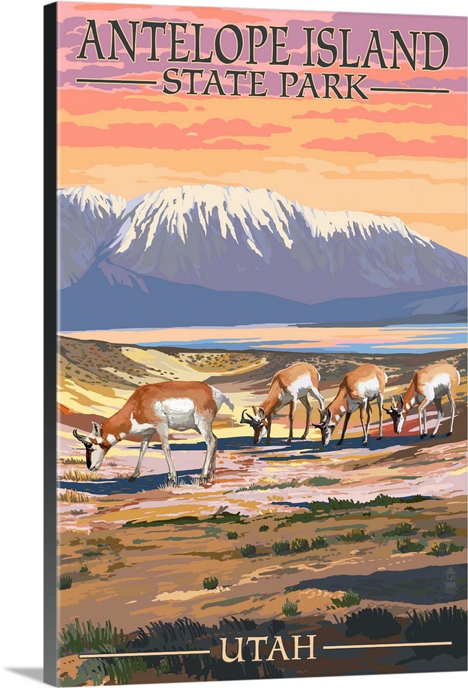 Antelope Island State Park, Utah - Antelope Scene: Retro Travel Poster