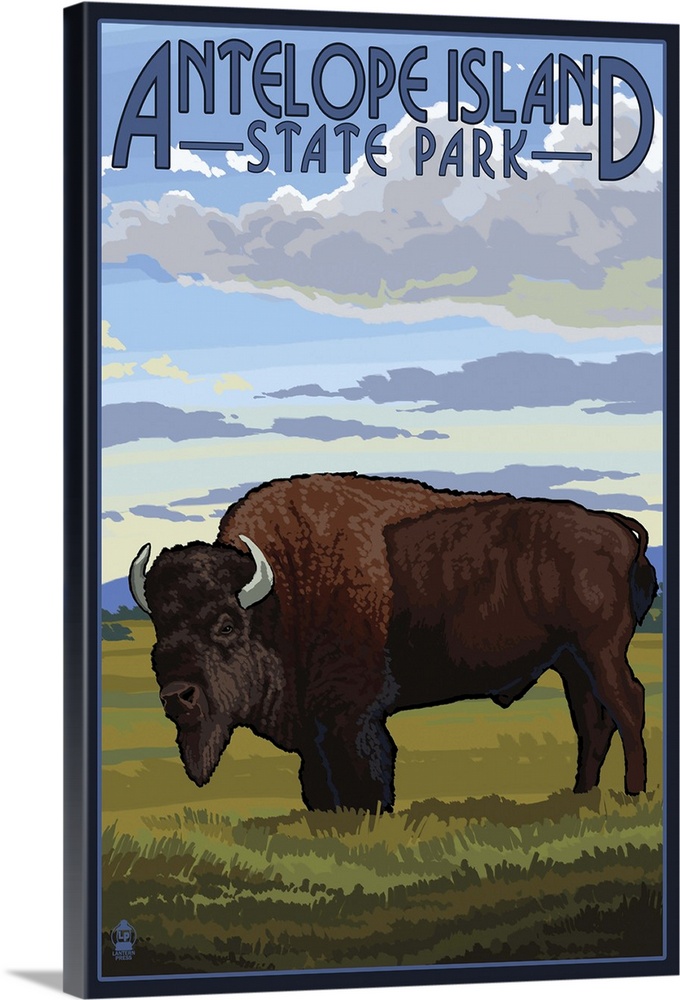 Antelope Island State Park, Utah - Bison and Field: Retro Travel Poster