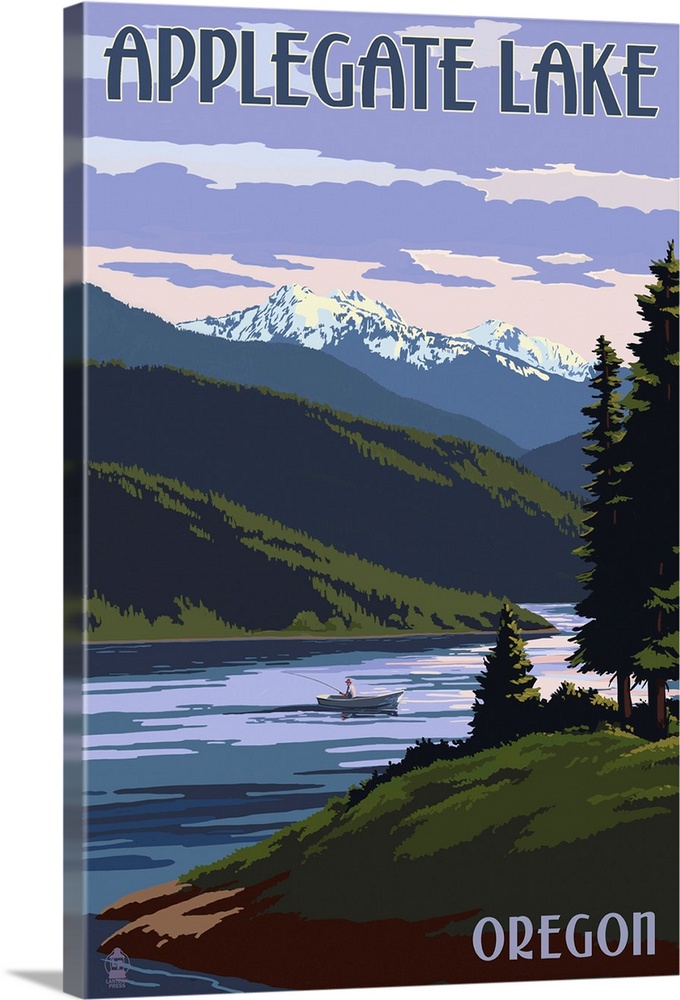 Applegate Lake, Oregon and Fisherman: Retro Travel Poster