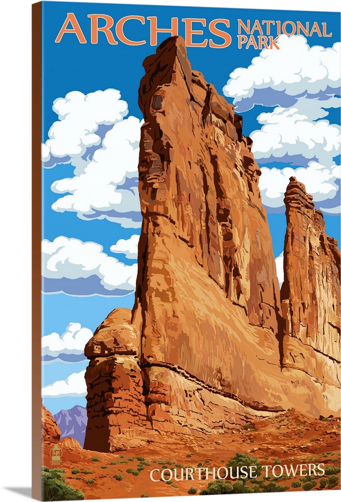 Arches National Park, Utah - Courthouse Towers: Retro Travel Poster