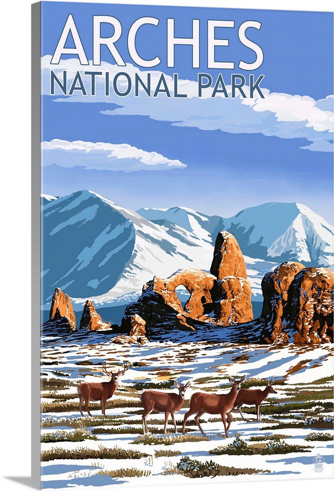 Arches National Park, Utah - Turret Arch in Winter: Retro Travel Poster