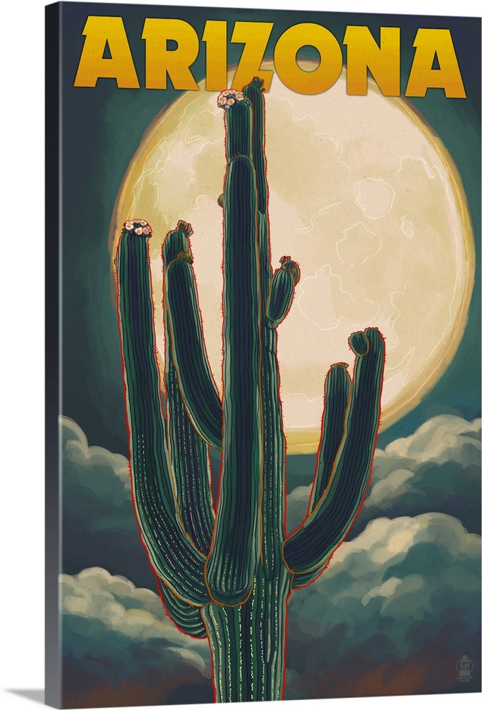 Arizona Cactus and Full Moon: Retro Travel Poster