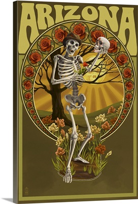 Arizona - Day of the Dead - Skeleton Holding Sugar Skull: Retro Travel Poster