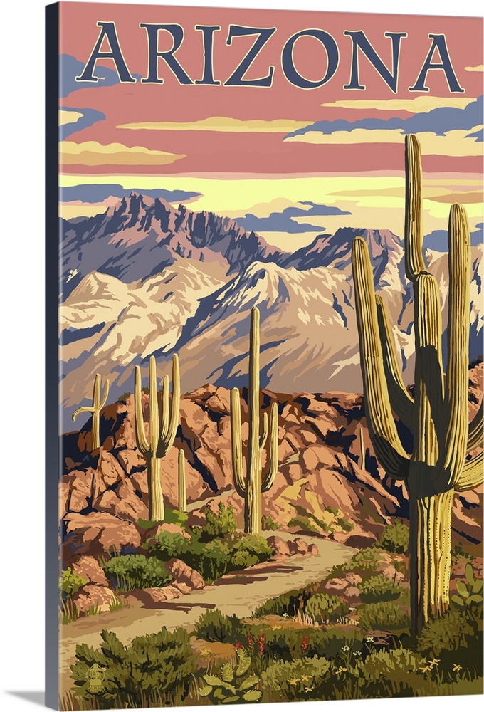 Arizona Desert Scene at Sunset: Retro Travel Poster