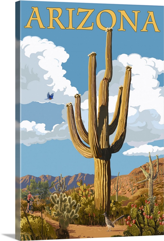 Arizona - Saguaro and Roadrunner: Retro Travel Poster