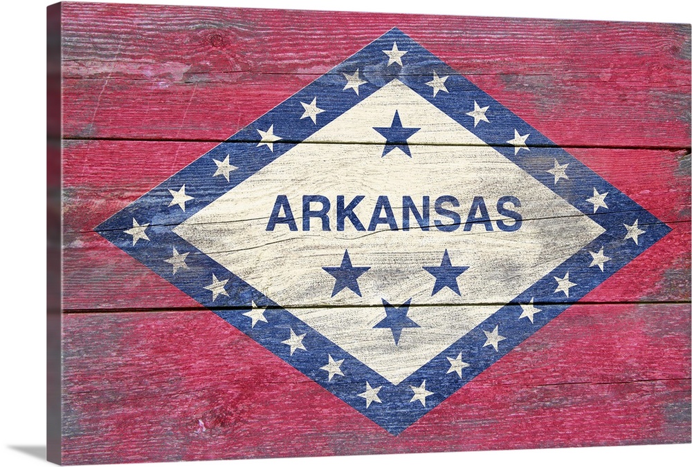 The flag of Arkansas with a weathered wooden board effect.