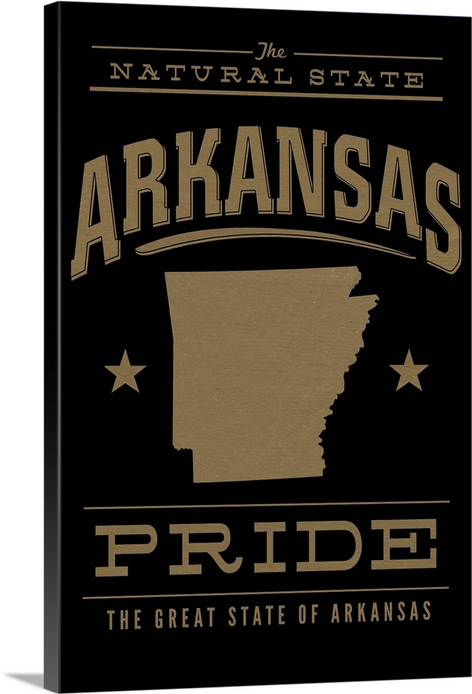 The Arkansas state outline on black with gold text.