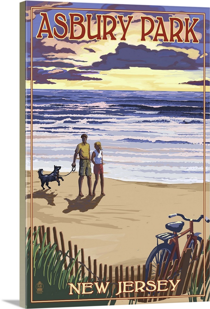 Asbury Park, New Jersey - Beach and Sunset: Retro Travel Poster