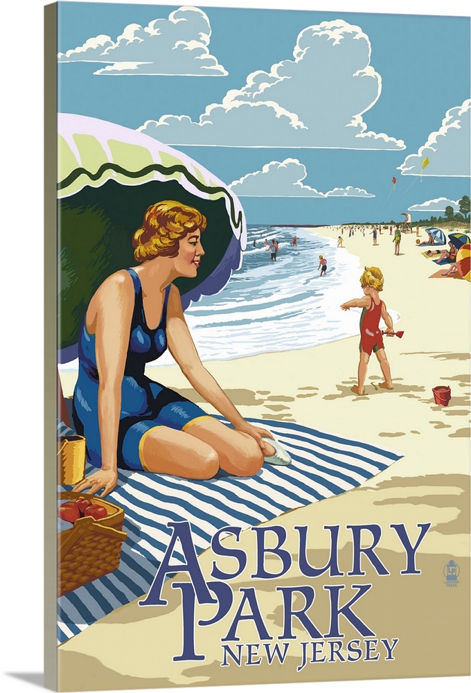 Asbury Park, New Jersey - Woman on the Beach: Retro Travel Poster