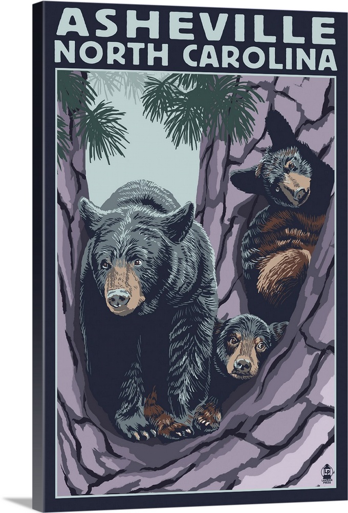Asheville, North Carolina - Bear Family in Tree: Retro Travel Poster