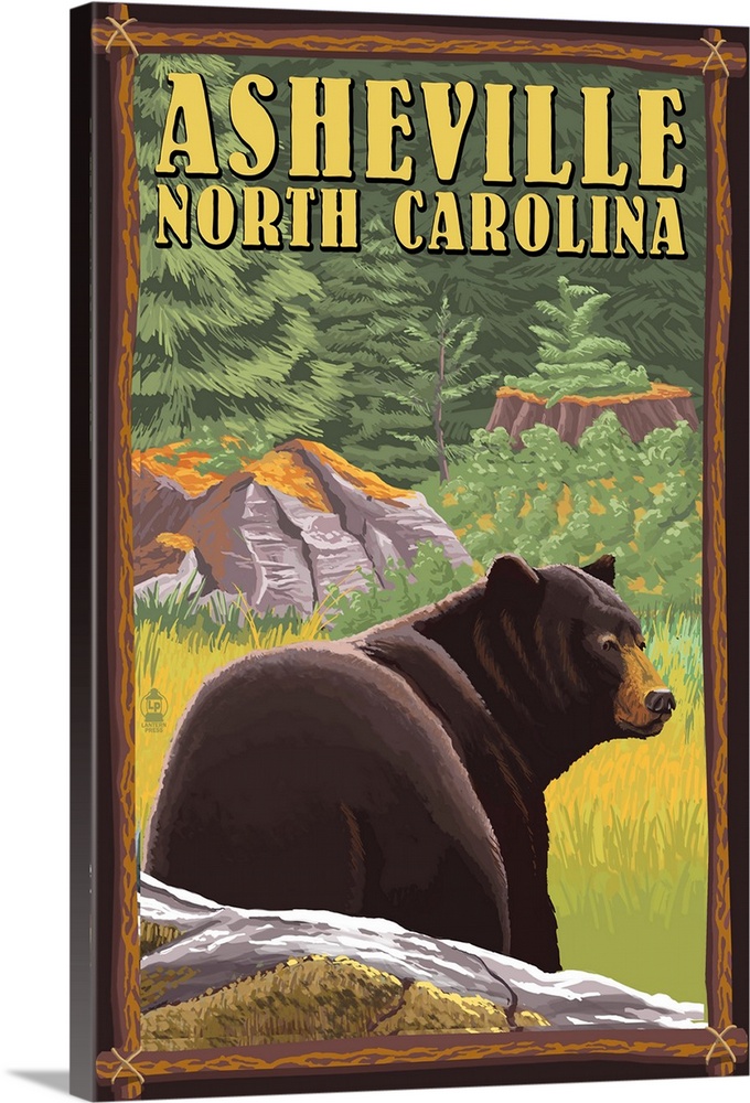 Retro stylized art poster of a black bear in a forest clearing.