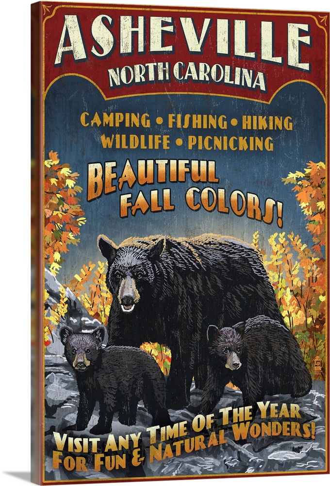 Asheville, North Carolina - Black Bear Vintage Sign: Retro Travel Poster