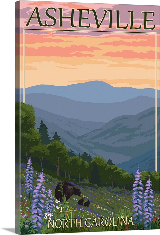 Asheville, North Carolina - Spring Flowers and Bear Family: Retro Travel Poster