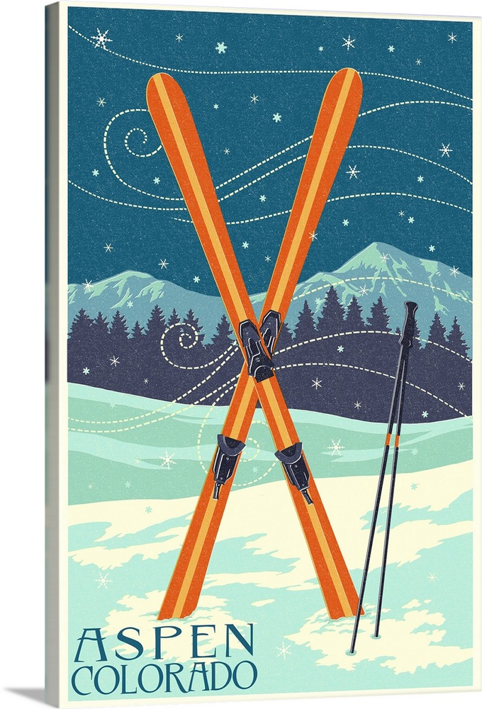 Aspen, Colorado - Crossed Skis - Letterpress: Retro Travel Poster