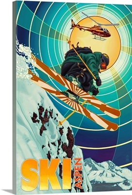 Aspen, Colorado -  Heli-Skiing: Retro Travel Poster