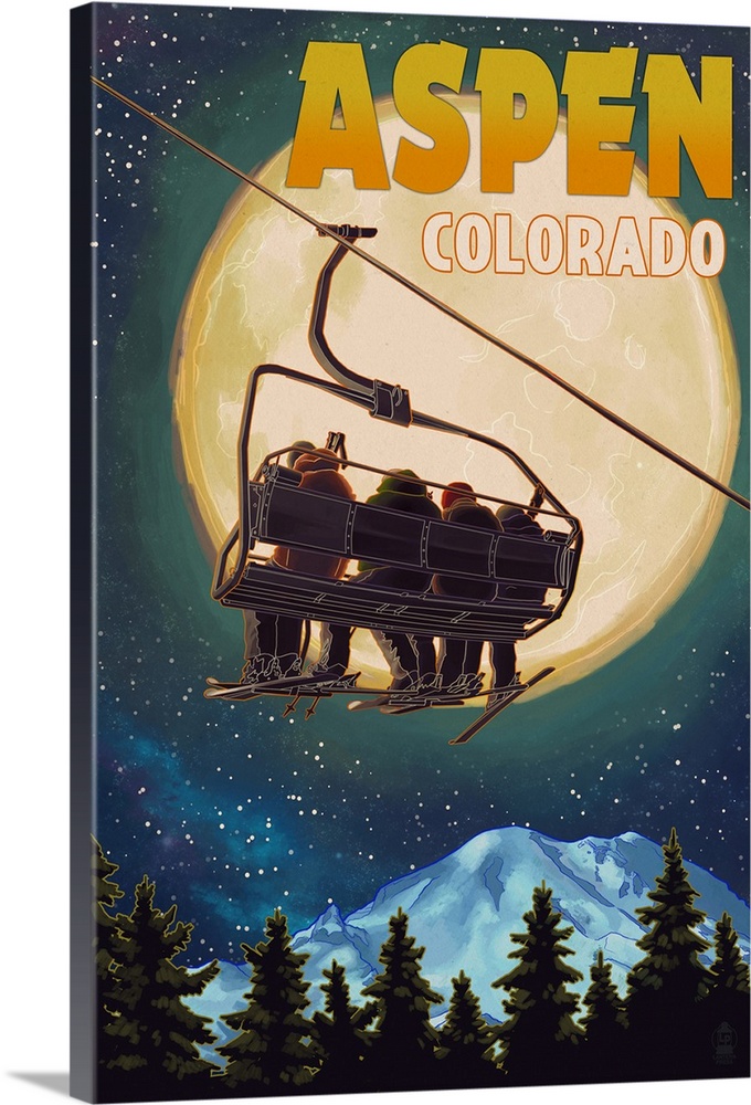 Aspen, Colorado - Ski Lift and Full Moon: Retro Travel Poster