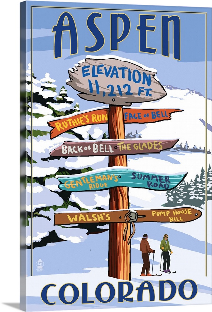 Aspen, Colorado - Ski Signpost: Retro Travel Poster