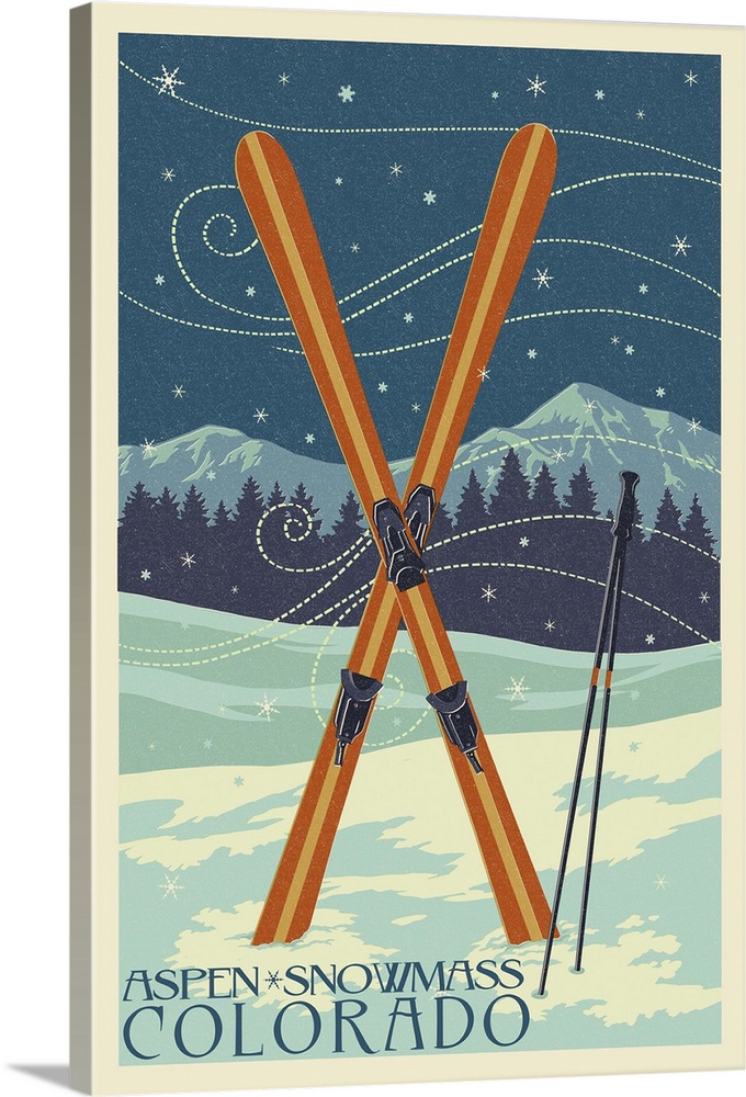 Aspen - Snowmass, Colorado - Crossed Skis Letterpress: Retro Travel Poster