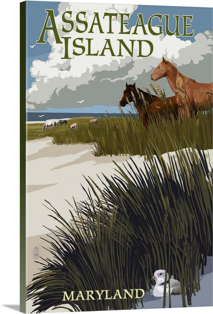Assateague Island, Maryland - Horses and Dunes: Retro Travel Poster
