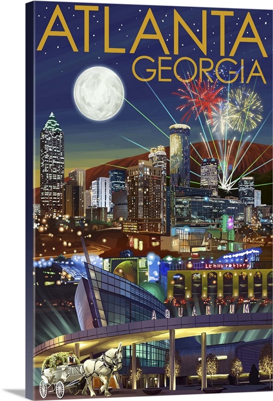 Atlanta, Skyline at Night Retro Travel Poster Great Big Canvas